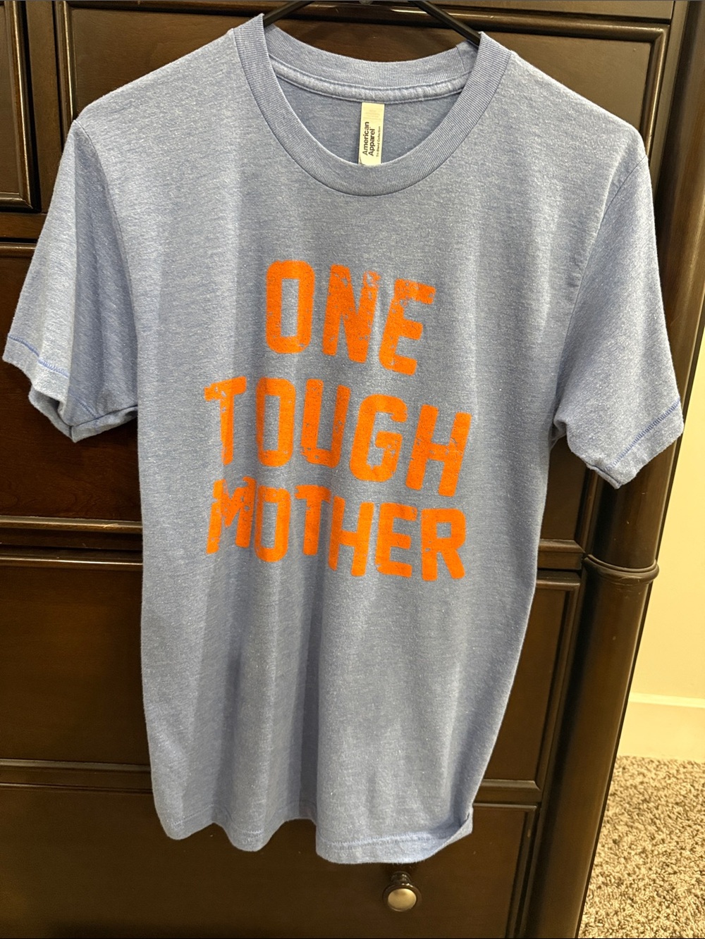 American Apparel Heather Blue Short Sleeve Tee with Orange Text